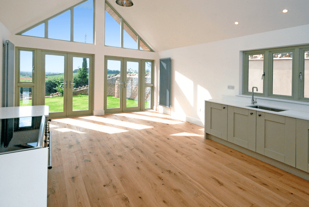 New Build house at Westbury, kitchen looking out into the garden